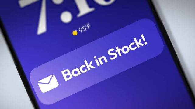 Back in stock message notification on the smartphone screen close up 4k footage, mobile with text