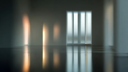 A serene interior view with soft light reflections on a polished floor, creating a tranquil atmosphere.