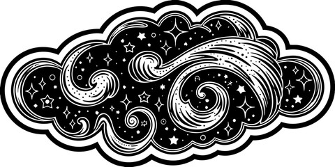 A decorative cloud filled with stars circles and swirls in a black and white illustration style
