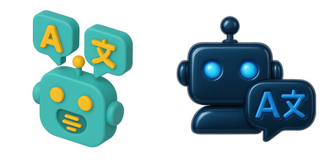 3D Multilingual Chatbot Icon with Speech Bubbles and Language Symbols