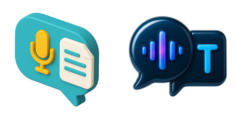 3D Speech to Text Icon Microphone Waveform and Transcript Symbol