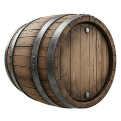 A rustic wooden barrel with metal bands, perfect for representing aging beverages, storage, or vintage decor.