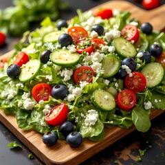 Vibrant Summer Salad on Wooden Board.