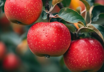 Obraz premium Fresh Red Apples with Water Drops on Branch Surrounded by Lush Green Leaves at an Orchard in Autumn Season