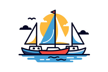 Fototapeta premium Minimalist Vector Illustration of Three Sailboats Sailing on the Water with Sun and Clouds in the Background