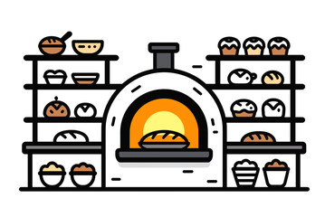 Bakery Display Shelf with Bread and Pastries Illustration, Fresh Baked Goods in Oven