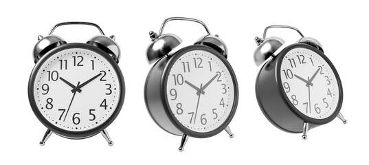 Three classic twin-bell alarm clocks shown in different time settings, isolated on white...