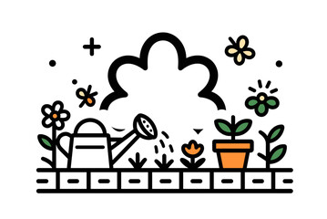 Naklejka premium Whimsical Garden Scene with Watering Can, Flowers, and Potted Plant Illustration