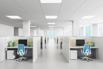 Modern office cubicle layout with blue chairs, monitors, and colorful folders in a clean corporate...