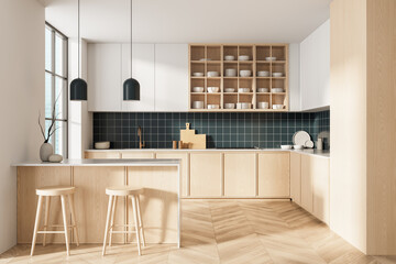 Modern minimalist kitchen interior with light wood cabinetry, tiled backsplash, and open shelving showcasing clean Scandinavian design concept.. 3D Rendering
