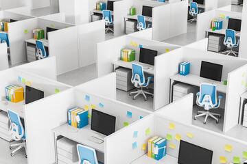 Modern office cubicle layout with white desks, blue chairs, and colorful folders showcasing...