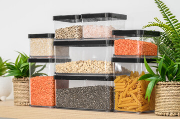 Dry food storage containers in the kitchen, organized food supplies
