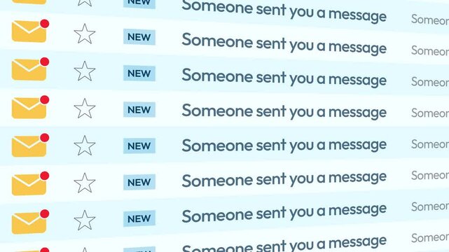 Message notification and email list scrolling close up 4k animation. New message, social media, unread message.