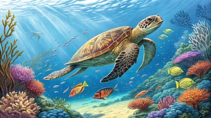 Obraz premium Serene underwater scene: majestic sea turtle gracefully swims amidst vibrant coral reef, colorful fish, and sunlit ocean depths; idyllic marine life illustration.