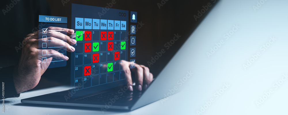 Poster futuristic digital calendar and to-do list interface displayed on transparent screen over laptop for