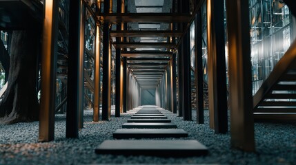 Multi-level structure with mirrored bronze cladding matte black beams strong side lighting with complex reflection patterns gravel shadows