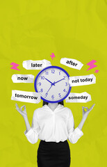 Surreal procrastination concept showing woman with clock face an