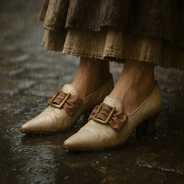 Historic photo of a woman's shoes in the rain
