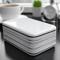 Rounded White Business Card Mockup Stack on Desk