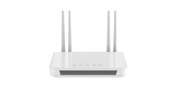 Wireless Router With Four Antennas. High-Speed Internet Connectivity And Network Solutions Isolated On Transparent Background