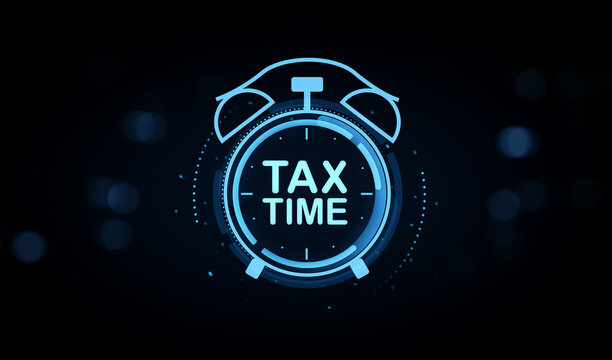 Glowing blue digital alarm clock with "TAX TIME" text in center, representing financial deadline urgency concept on dark background. 3D Rendering