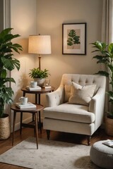 Cozy modern reading nook with armchair, indoor plants, and warm lighting.