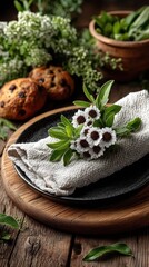 Rustic Table Setting with White Placemat and Flowers