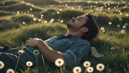 Young man resting peacefully on grassy field surrounded by dandelion flowers during golden hour