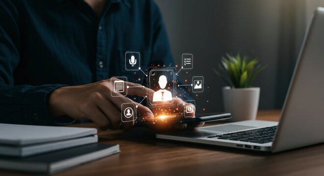 Businessman Using Mobile Phone with Holographic Digital Network Over Laptop and Wooden Desk in Dimly Lit Office