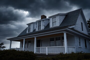 Fototapeta premium Cape Cod-style home under a dramatic stormy sky with rim light catching edges of wet surfaces raindrops on
