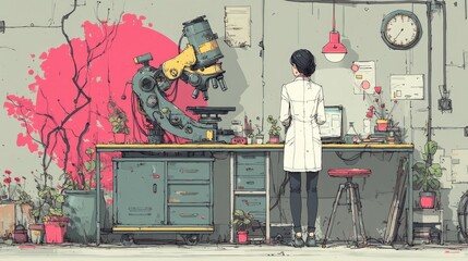 Scientist in White Coat Examining a Microscope in a Modern Laboratory