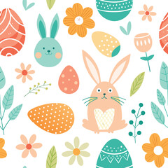 Cute seamless Easter pattern with cartoon rabbits, eggs, and flowers, perfect for a joyful spring holiday background