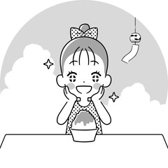 かき氷をキラキラした目で見つめる女の子　モノクロ