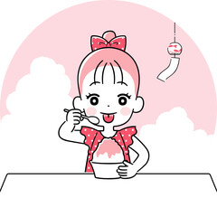 かき氷を食べて舌に色がついた女の子　ワントーン