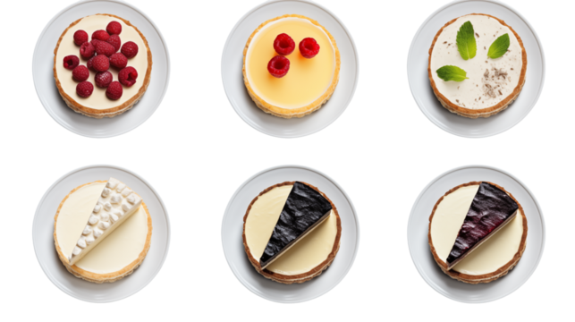 An overhead shot of six mini cheesecakes with various toppings on white plates against a black background