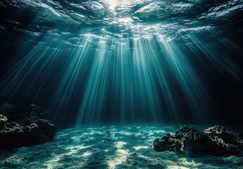 Obraz premium Ethereal Underwater Scene with Sunlight Streaming Through Ocean Surface and Coral Reef Below