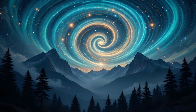 Stunning aurora swirls above majestic mountain peaks, with evergreen forest framing a breathtaking celestial spectacle