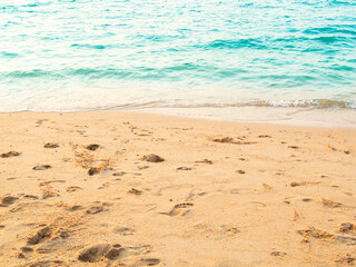 Summer background sea blue with sand beach at coast island scene mockup water nature travel...