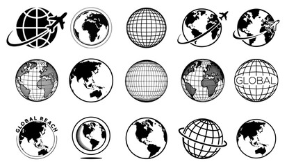 Collection of globe icons with airplane and global reach text isolated on transparent background