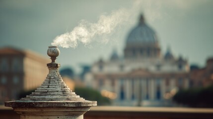 Vatican rooftop chimney emitting white smoke signaling papal election, blurred St. Peter's Basilica background. Catholicism, conclave, pope symbolic.
