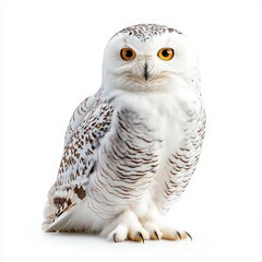 Fototapeta premium Majestic snowy owl perched gracefully against a pure white background showcasing its striking features and beautiful plumage