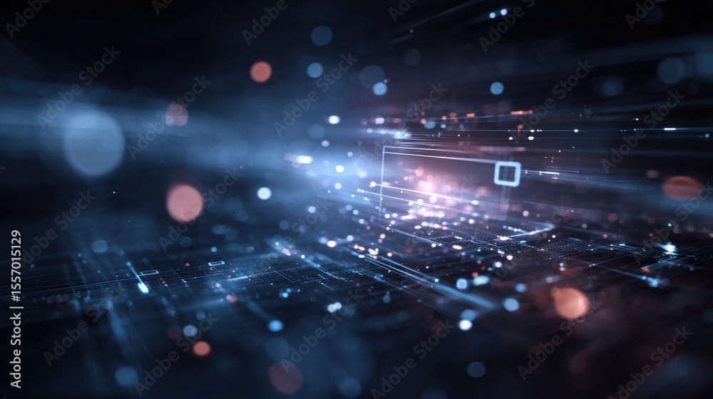 Poster abstract digital data visualization with glowing light trails and particles representing advanced te