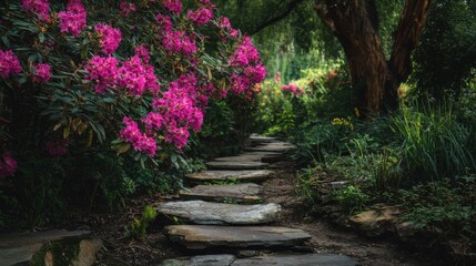 Vibrant Pink Flowers Bloom Alongside a Stone Pathway in a Serene Garden Setting.