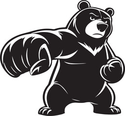 Aggressive Cartoon Bear with Fists Black and White Illustration