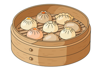 A bamboo steamer filled with various types of dumplings