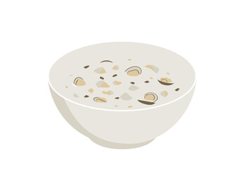 A bowl of chowder is filled with lightcolored broth and bits of seafood