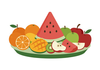 A fruit platter features oranges apples watermelon kiwi and mango