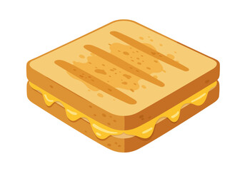 A grilled cheese sandwich with melted cheese is presented in an isometric view on a white background