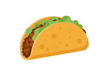 A hardshell taco is filled with ground beef lettuce and red sauce The shell is bright orange with tan spots