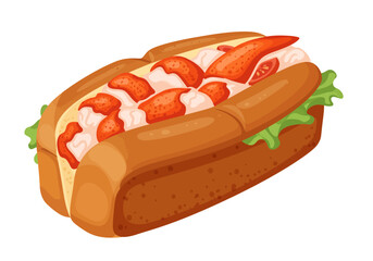 A lobster roll showcases bright red lobster meat on a splittop bun with lettuce